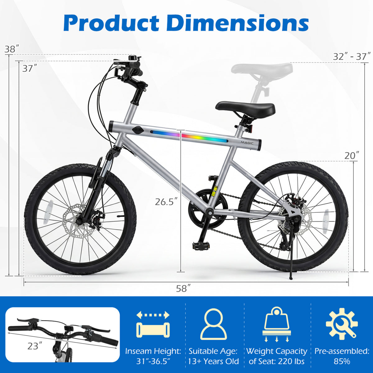 20 Inch Commuter Bicycle LED-lit with 6-Speed Shimano Twist Shifting and Stereo Speakers-Silver