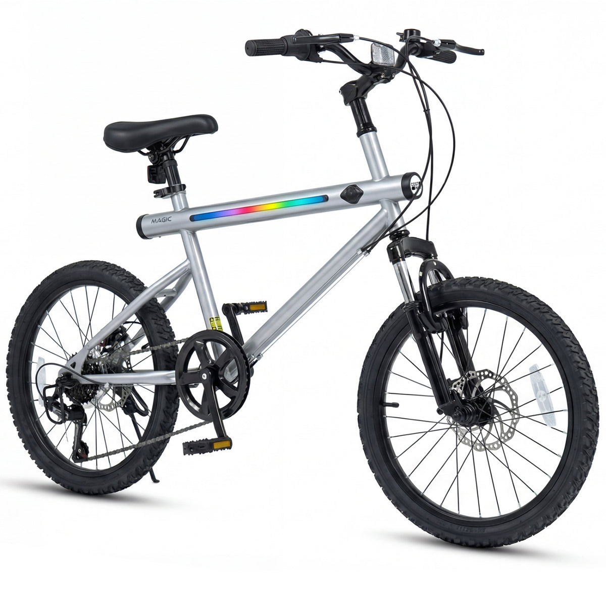 20 Inch Commuter Bicycle LED-lit with 6-Speed Shimano Twist Shifting and Stereo Speakers-Silver