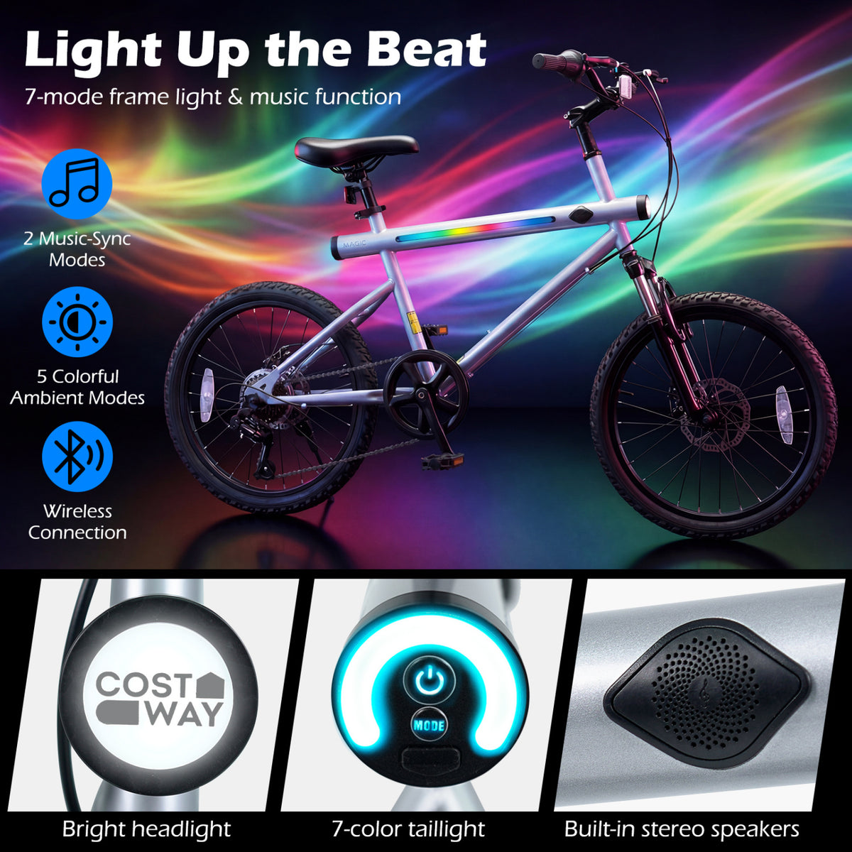 20 Inch Commuter Bicycle LED-lit with 6-Speed Shimano Twist Shifting and Stereo Speakers-Silver