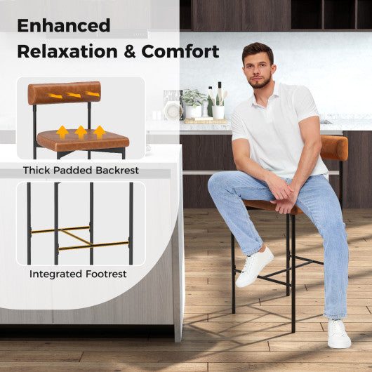 20 Inch Upholstered Bar Stools Set of 2 Counter Height Bar Chairs with Backrest-Brown