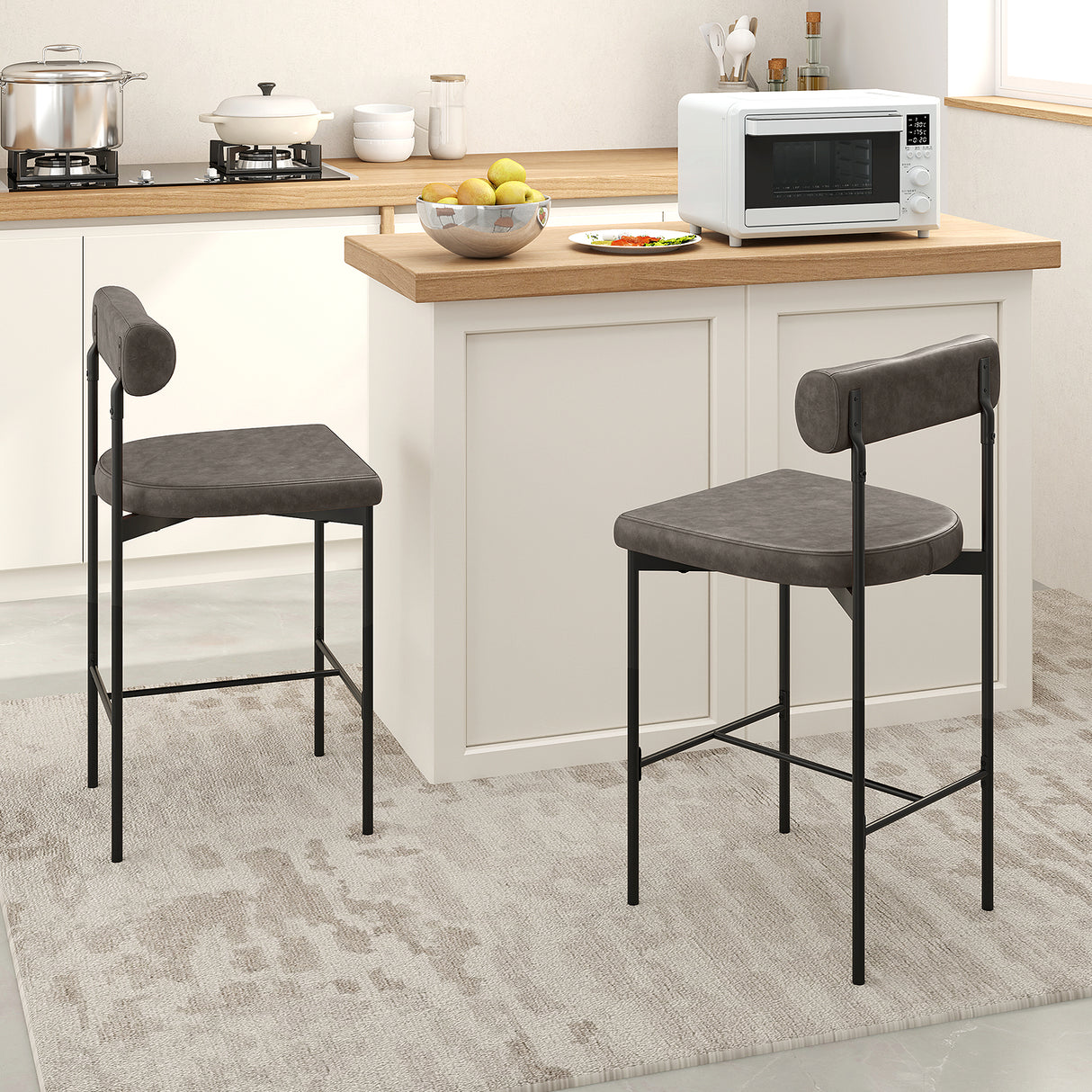 26 Inch Upholstered Bar Stools Set of 2 Counter Height Bar Chairs with Backrest-Gray