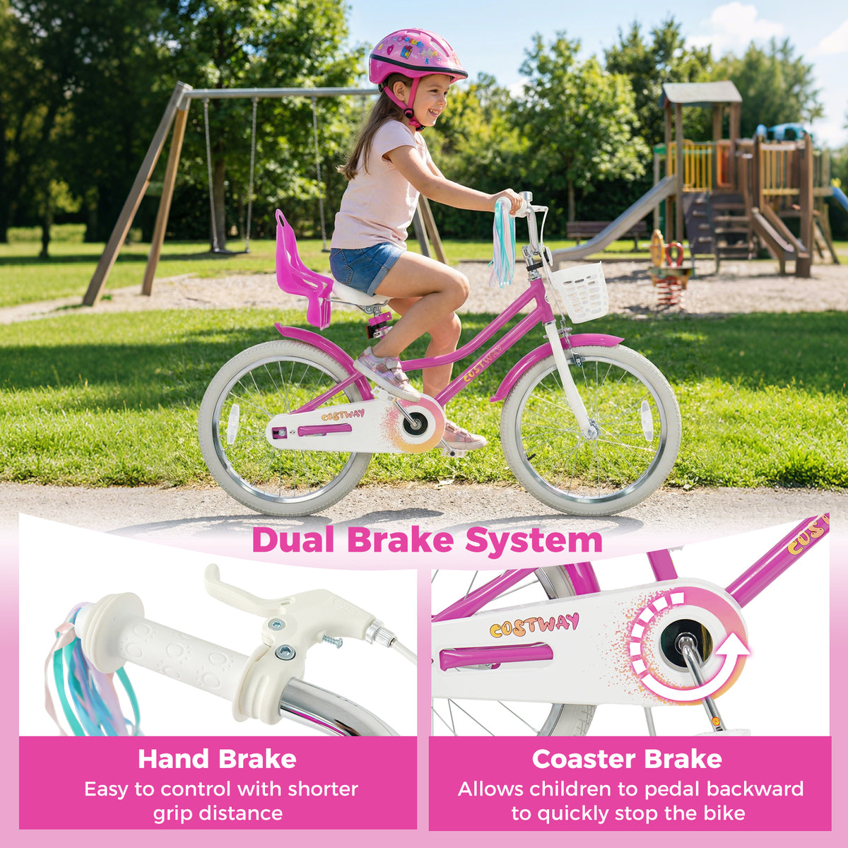 20 Inch Kids Bike with Front Basket and 2 Brake System for 8+ Years Old Rose Red