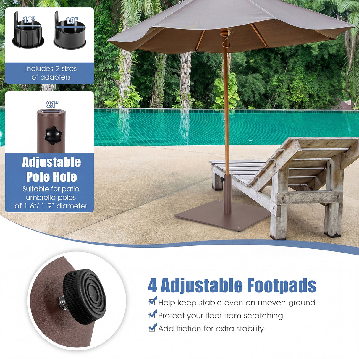 20 Inches Patio Umbrella Base Stand with 4 Adjustable Footpads-Brown