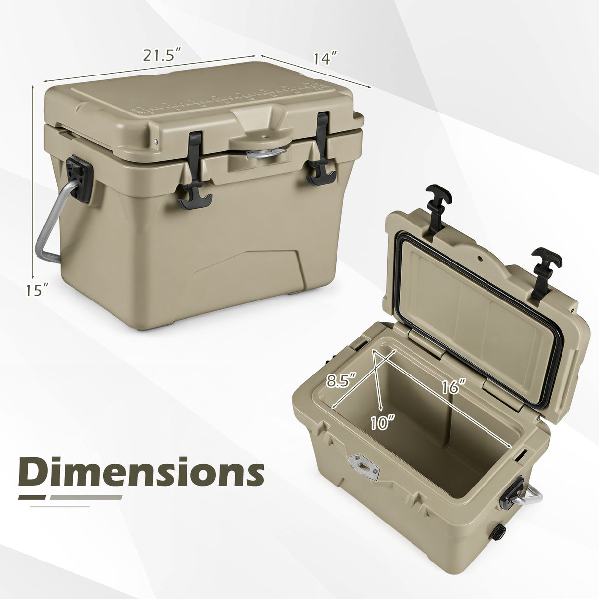 20 Quart Portable Hard Cooler with Built-in Ruler and Bottle-Khaki