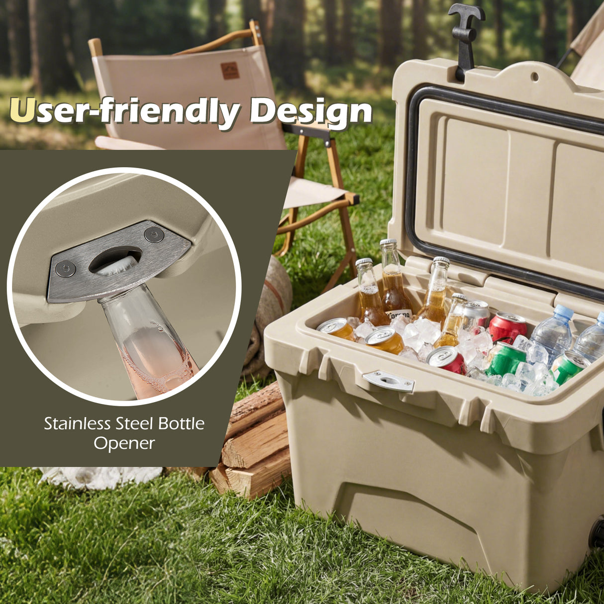 20 Quart Portable Hard Cooler with Built-in Ruler and Bottle-Khaki
