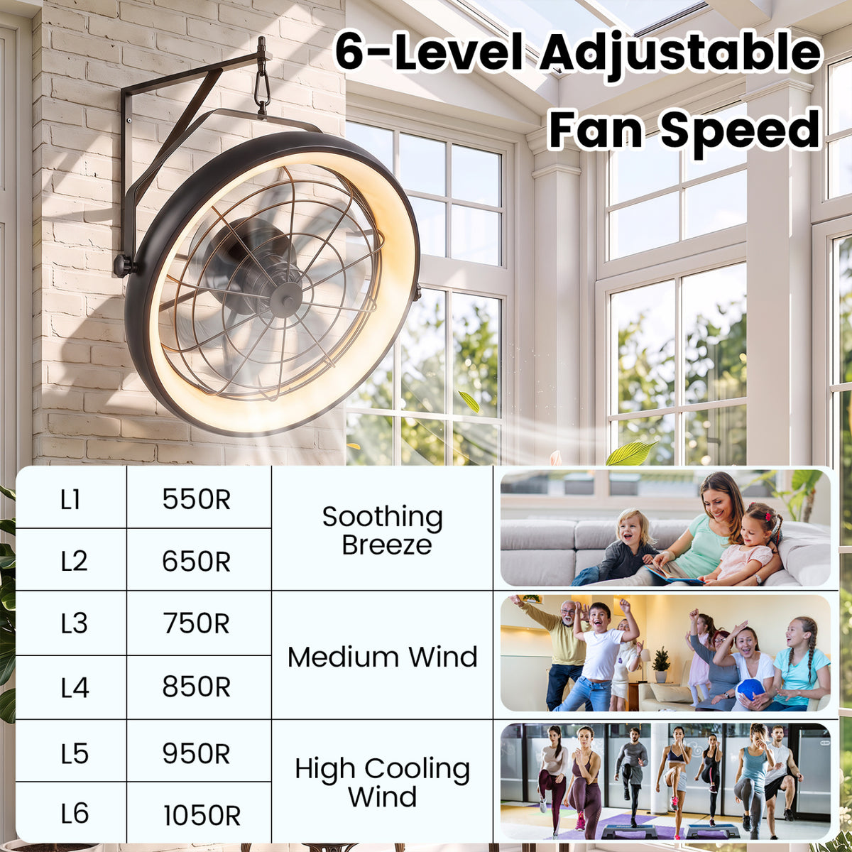 20†Wall Mounted Fan with Dimmable LED Light and 6 Wind Speeds-Black