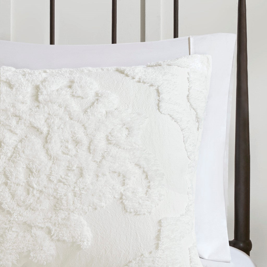 Full/Queen Tufted Cotton Chenille Damask Duvet Cover Set