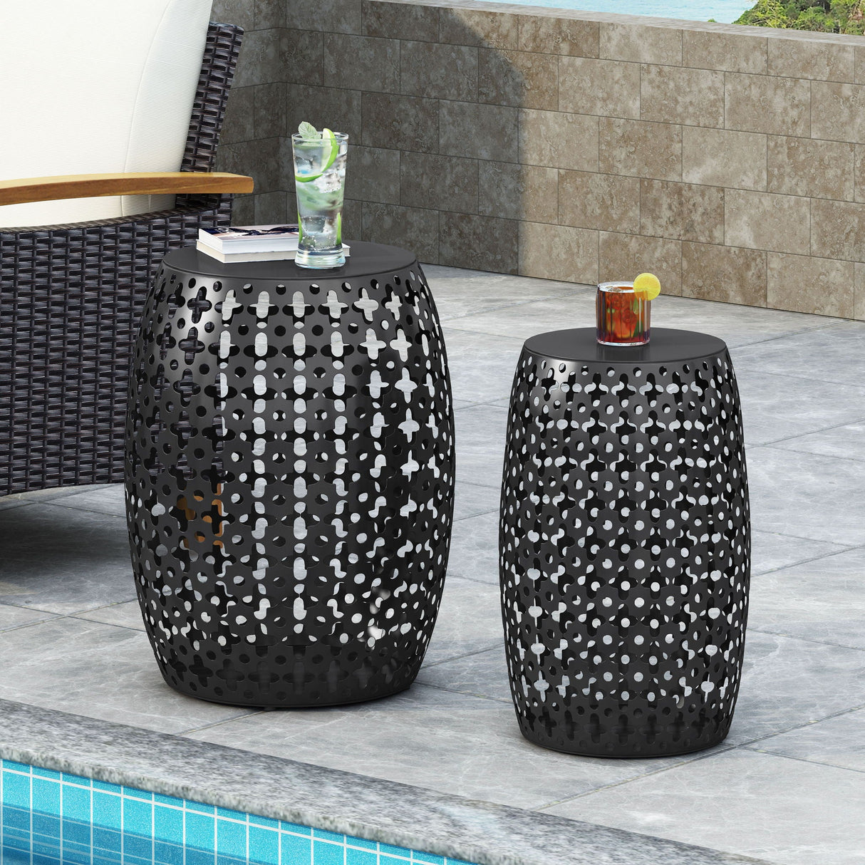 Modern Outdoor Metal End Table Set With Durable Iron Frame - Black by Couch.com