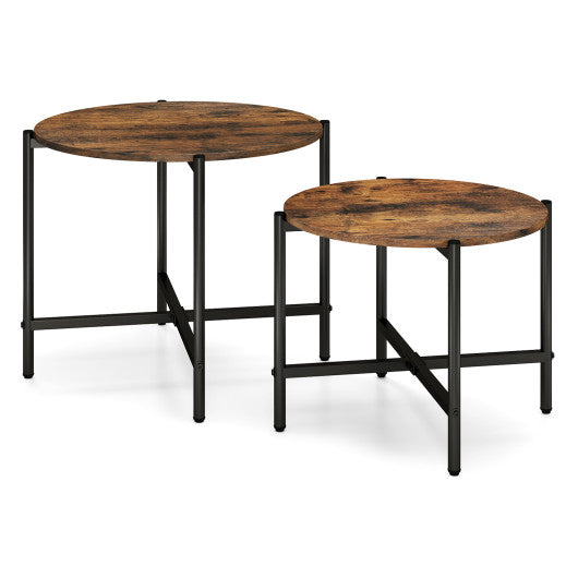 21.5 Inch Round Coffee Table Set of 2 with Heavy-Duty Metal Frame-Rustic Brown
