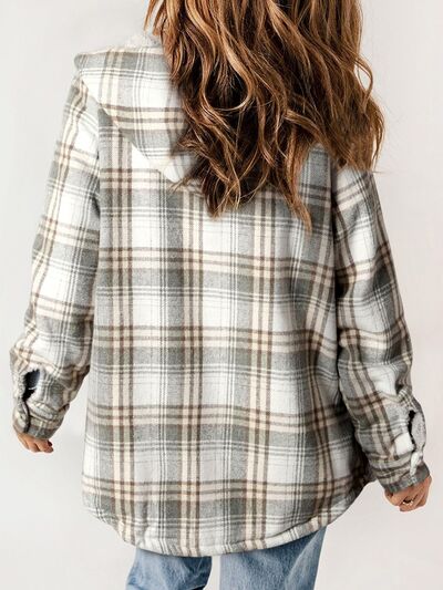 Plaid Snap Down Plush Hooded Jacket Soft & Warm Women Outerwear Cozy And Comfortable Jacket