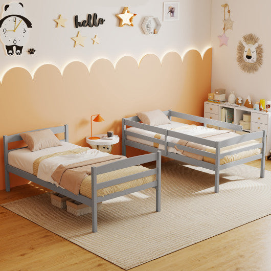 Solid Wood Twin Over Twin Bunk Bed Frame with High Guardrails and Integrated Ladder-Gray