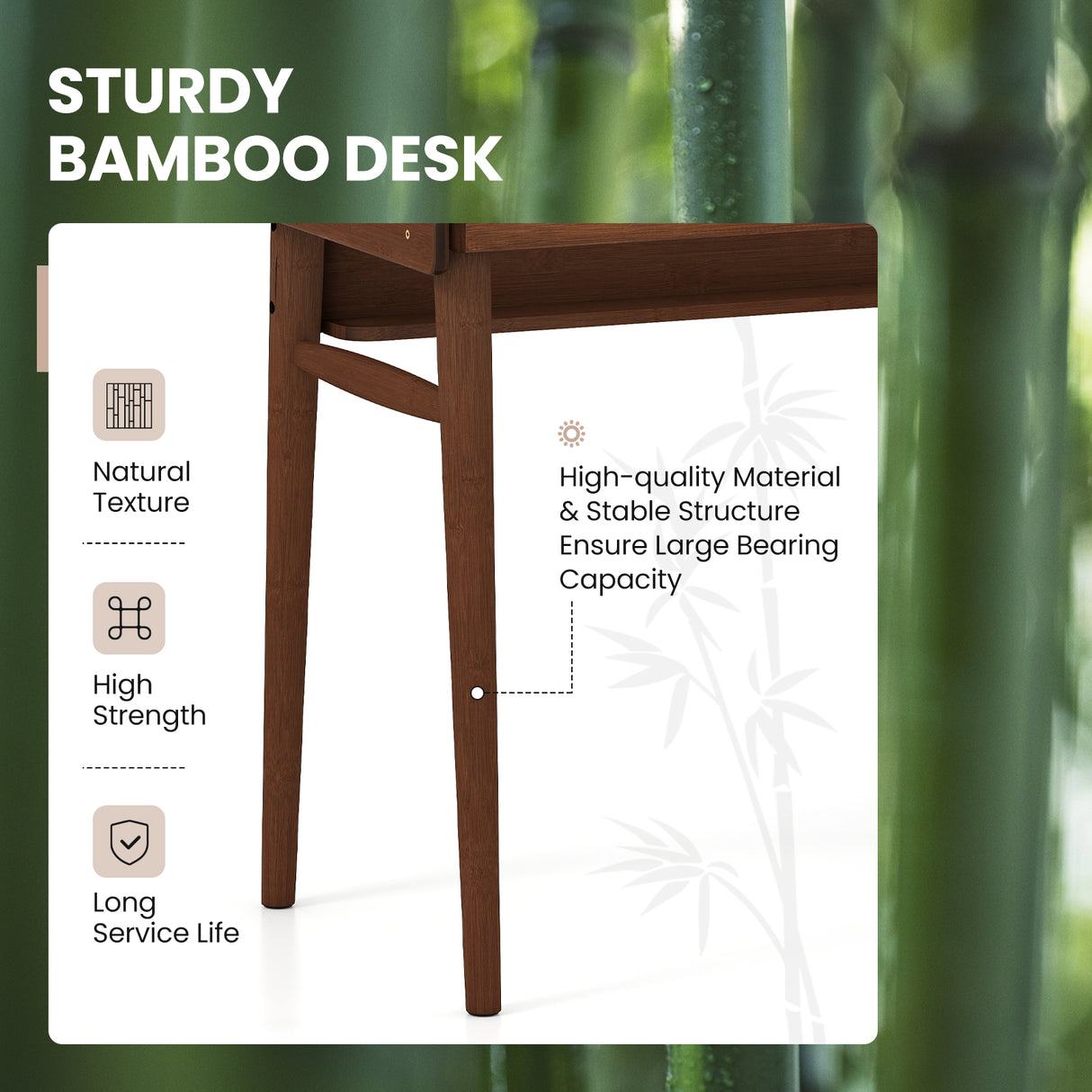 Bamboo Writing Desk with 2 Storage Drawers and Open Shelf-Walnut
