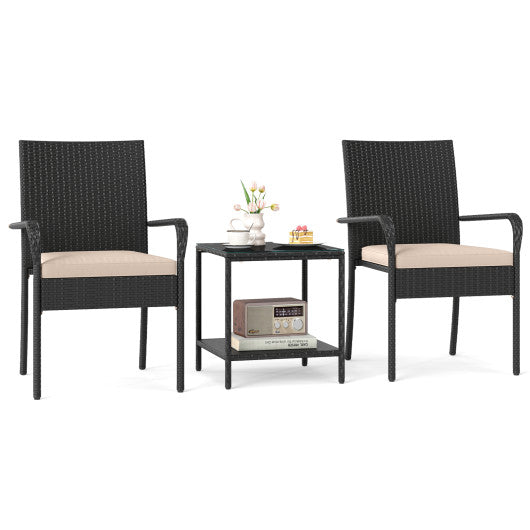 3 Piece Patio Furniture Set with Seat Cushions and Tempered Glass Tabletop-Beige