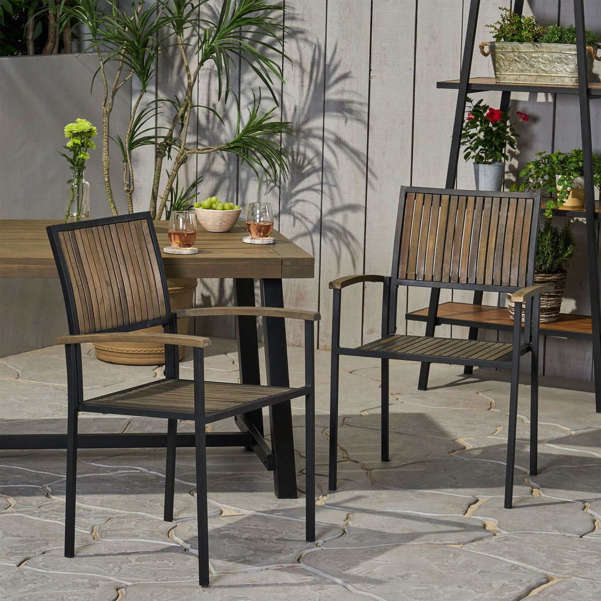 Vermilion Outdoor Dining Chair With Vertical Slat And Wooden Arm