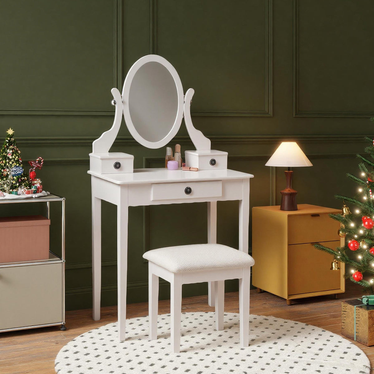 Moniys Wood Moniya Makeup Vanity Table and Stool Set, White