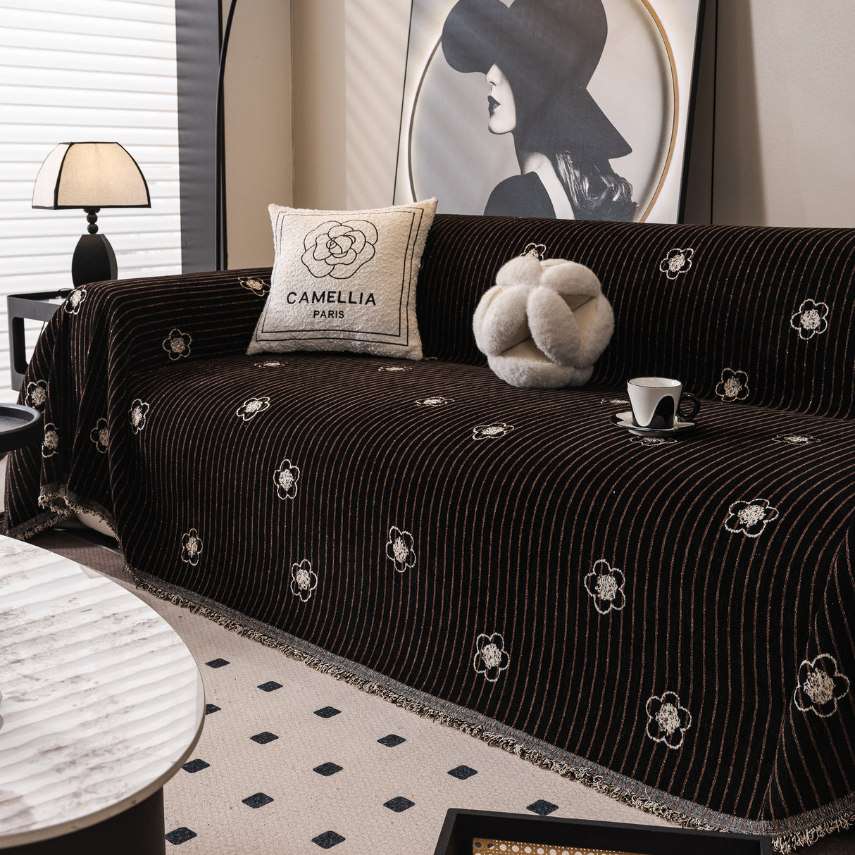 Chenille Camellia Floral Sofa Throw Cover Couch Blanket with Striped Jacquard