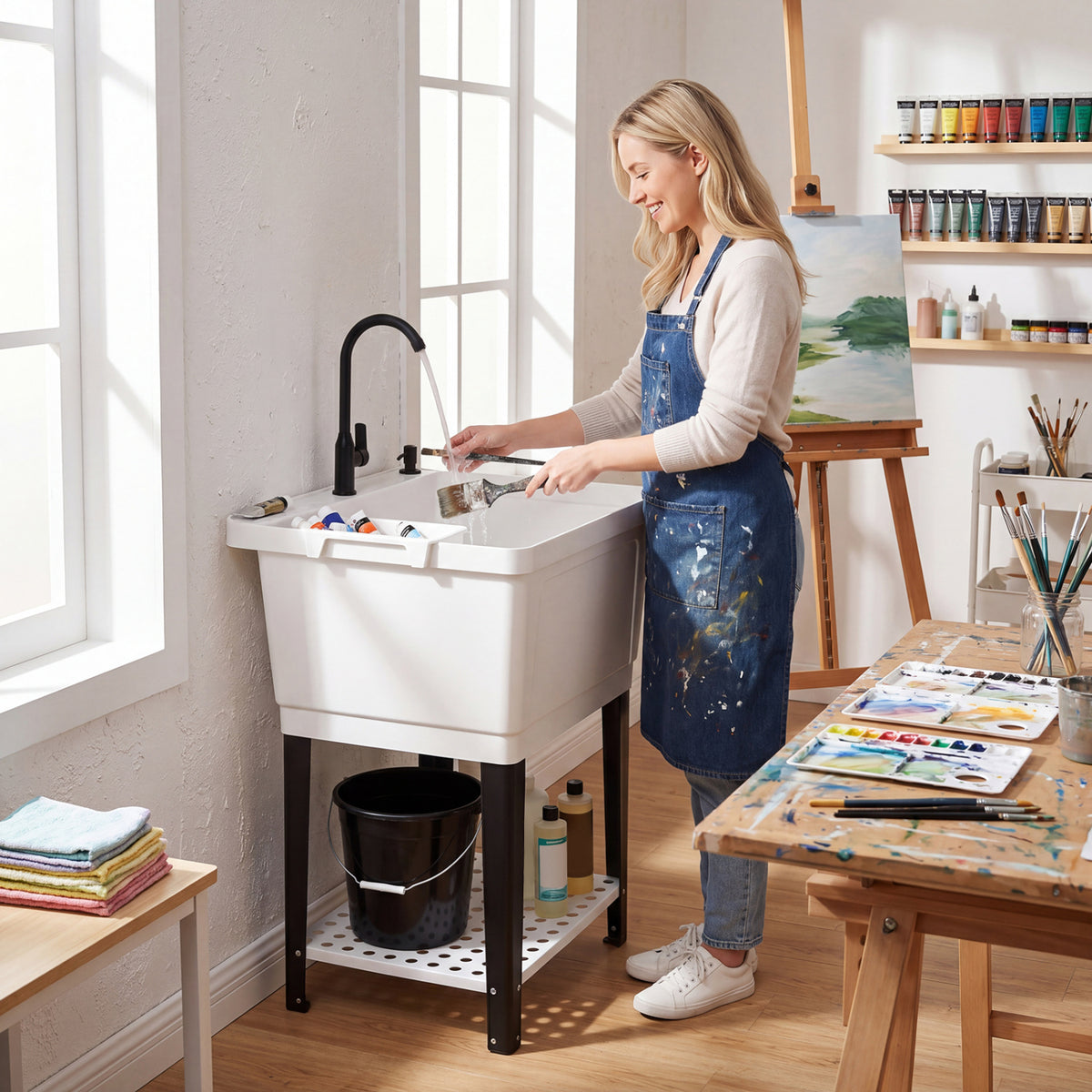 21.1 Gal Utility Sink Laundry Tub with Rotating Faucet and Adjustable Legs-M
