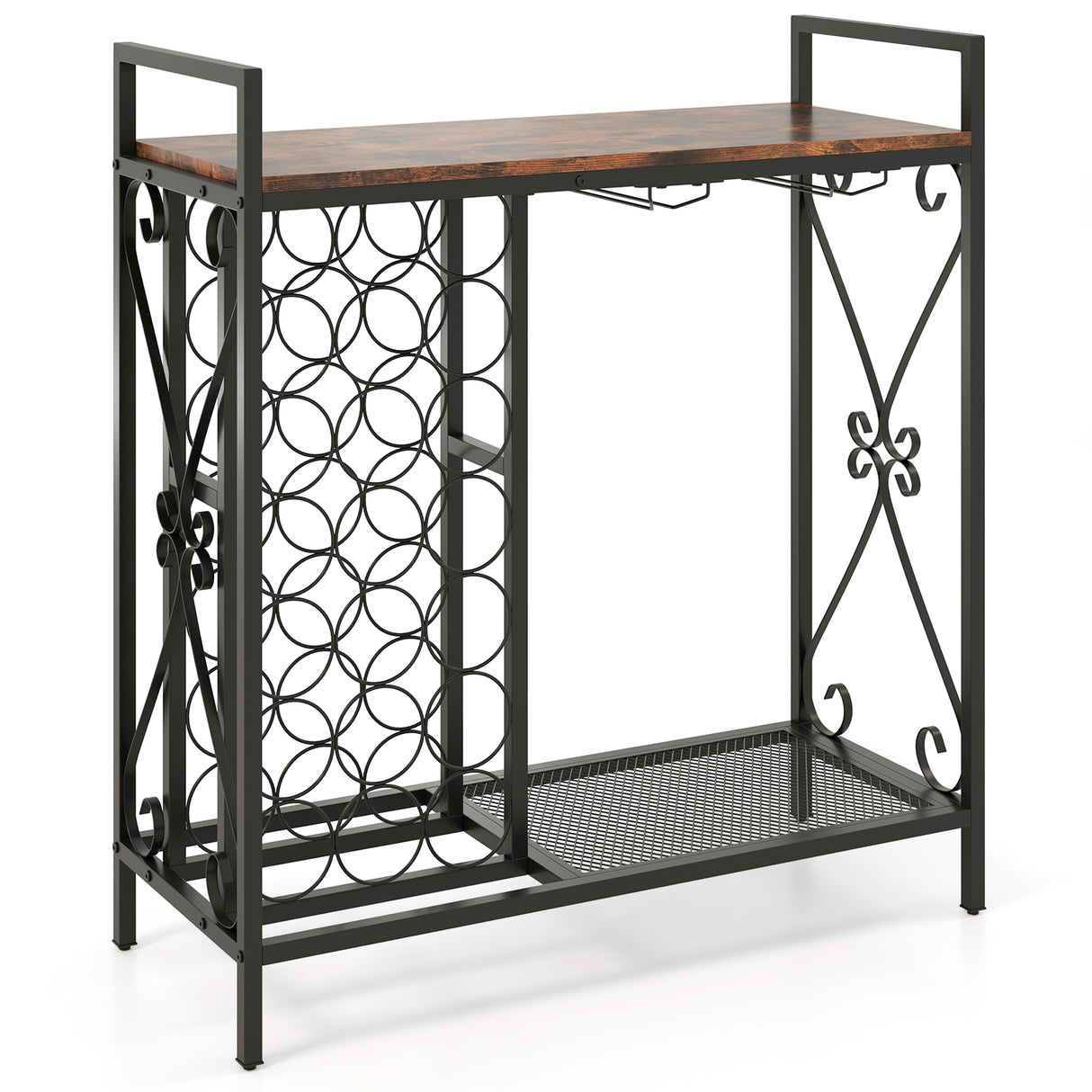 21 Bottle Wine Rack Freestanding Floor Wine Bottle Organizer with Glass Holder-Rustic Brown