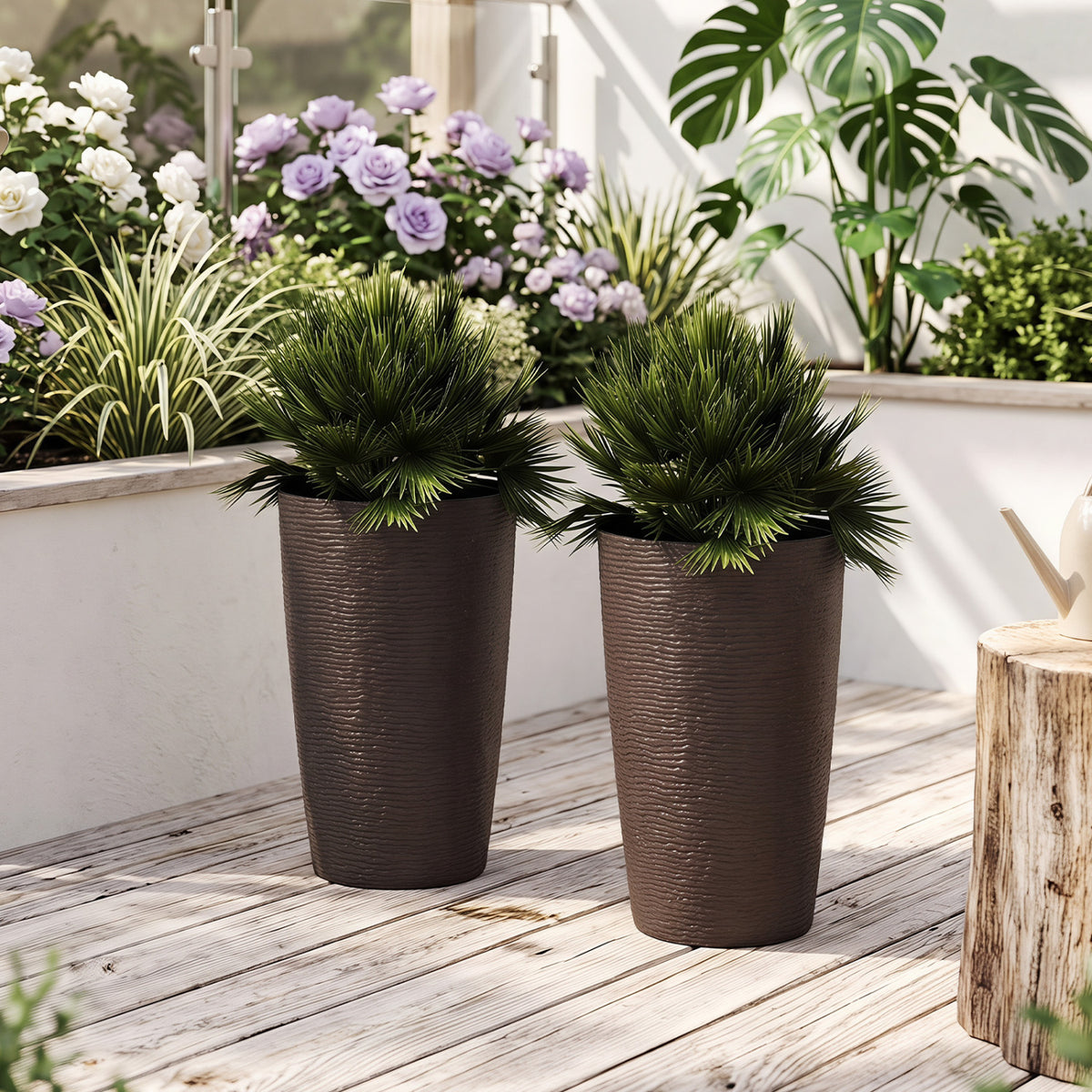 21 Inch Tall Round Plastic Planters Set of 2 Flower Pots with Drainage System-Brown