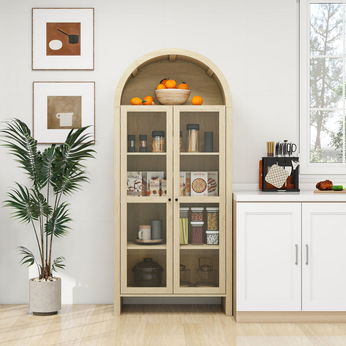 Tall Arched Kitchen Pantry, Modern Farmhouse Wood Kitchen Storage Cabinets, Arched Storage Display Cabinet With Adjustable Shelves, Versatile Cupboard For Kitchen, Dining Room - Natural by Couch.com