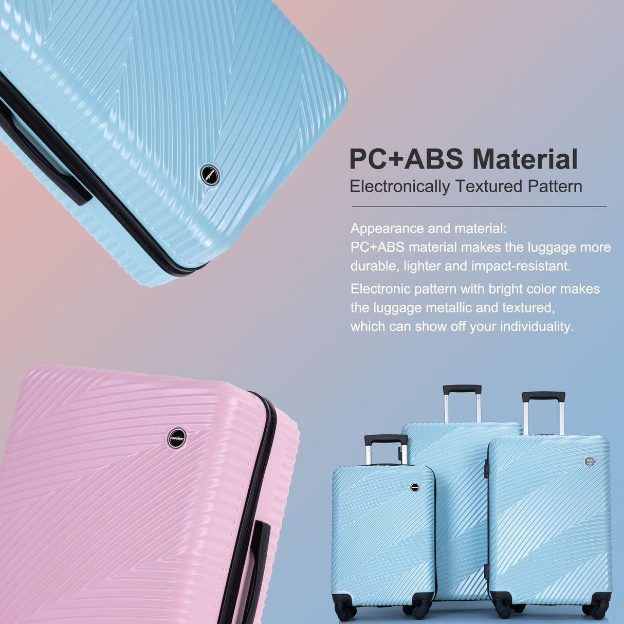 Promotional image featuring pastel blue and pink 3-piece luggage sets made from PC+ABS material. These lightweight suitcases with two hooks and spinner wheels boast an electronically textured pattern, ensuring durability, impact resistance, individuality, and vibrant colors.