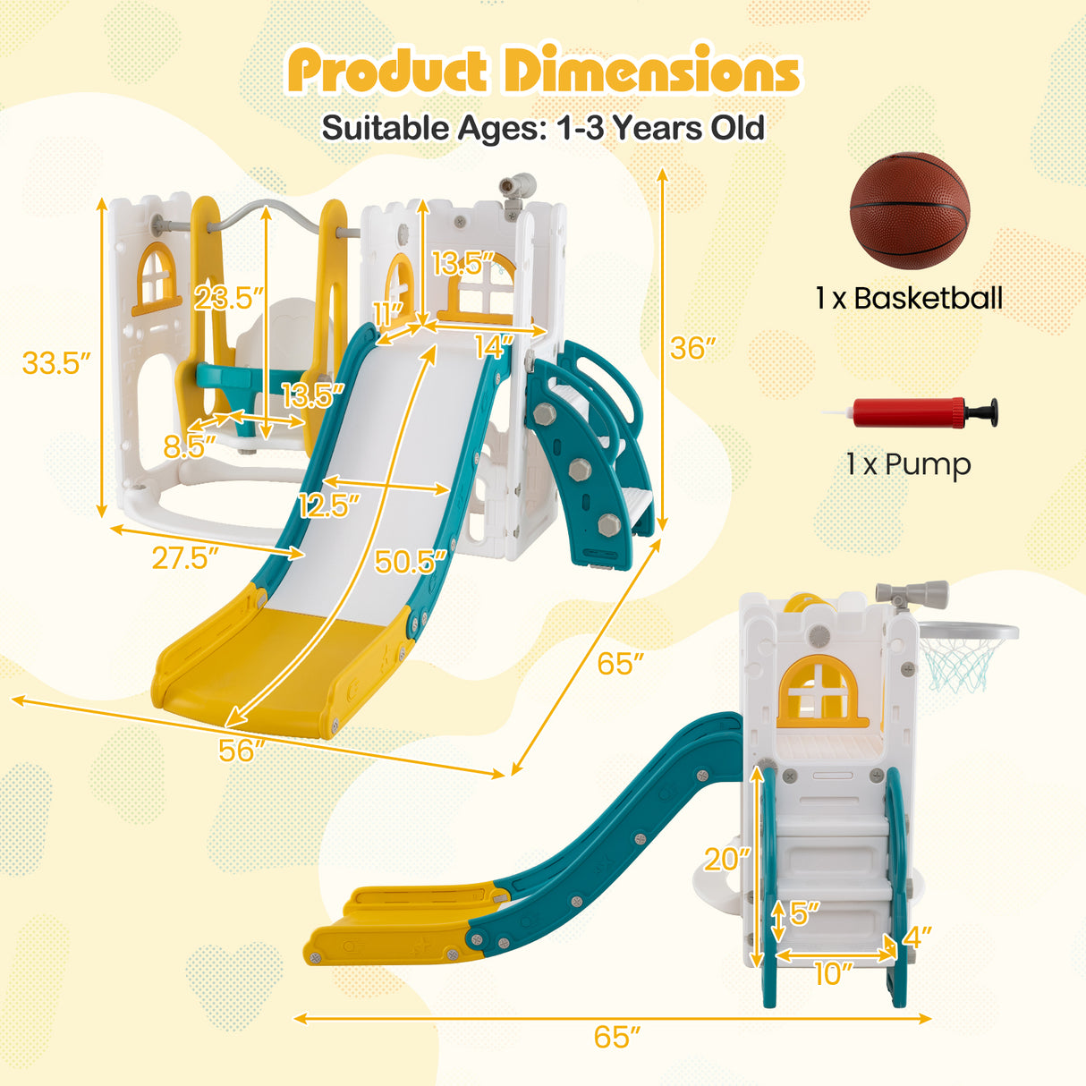 7-in-1 Toddler Swing and Slide Set L-shaped with Ladder and Basketball Hoop-Yellow