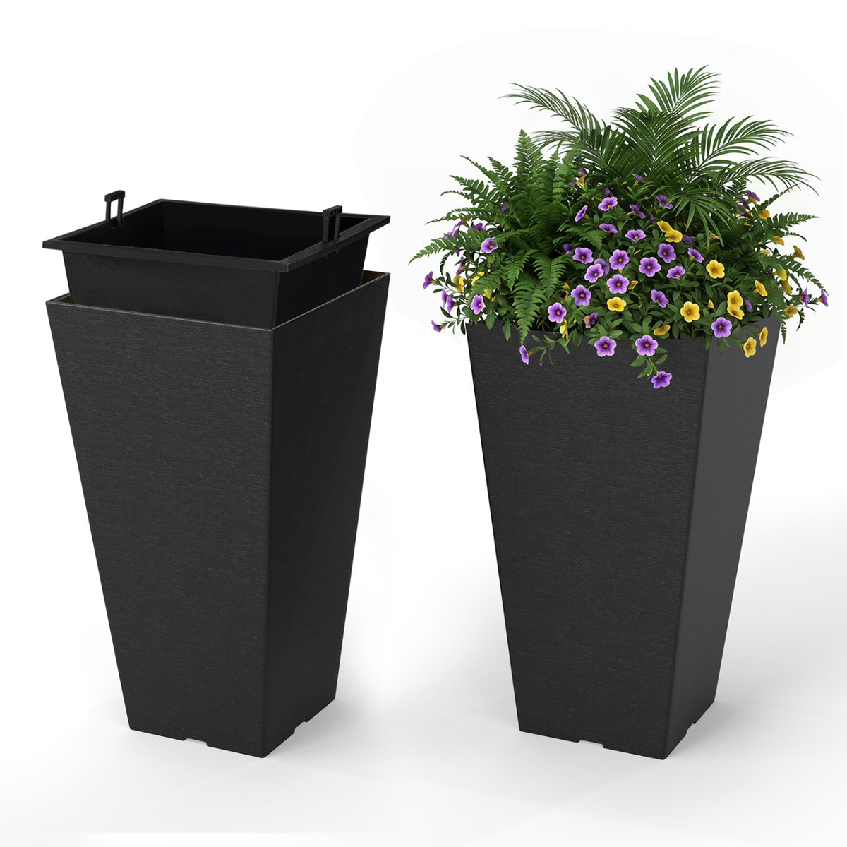 22.5 inch Tall Square Planter Set of 2 Self-Watering Flower Pots with Removable Inner Bucket-Black