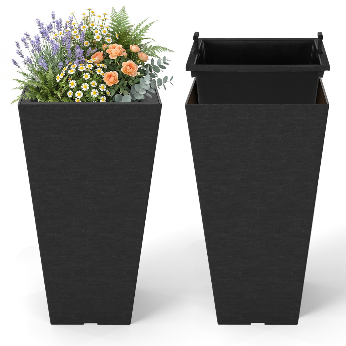 22.5 inch Tall Square Planter Set of 2 Self-Watering Flower Pots with Removable Inner Bucket-Black
