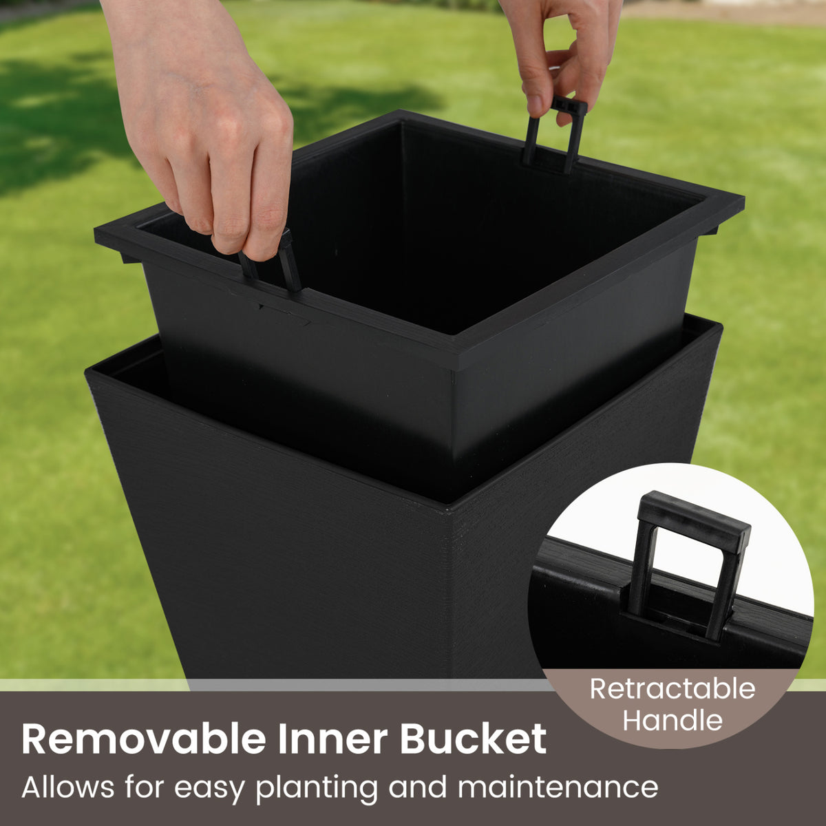 22.5 inch Tall Square Planter Set of 2 Self-Watering Flower Pots with Removable Inner Bucket-Black