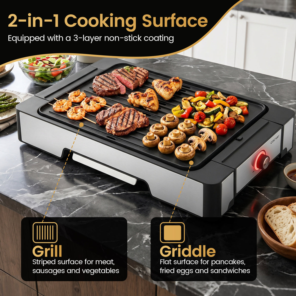 2300W Electric Griddle with Nonstick Die Cast Aluminum Cooking Surface