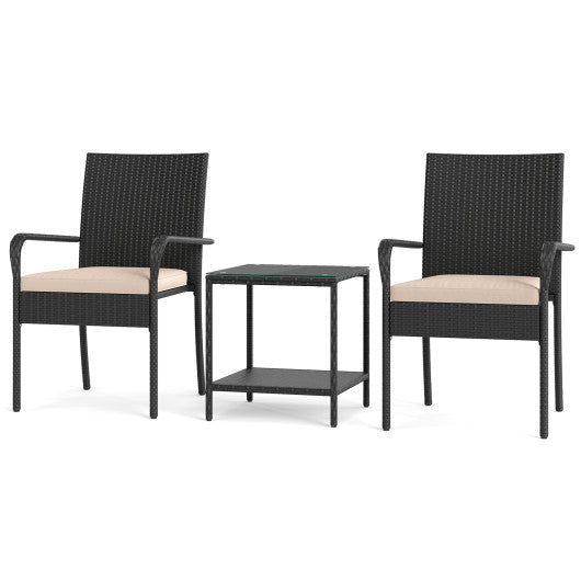 3 Piece Patio Furniture Set with Seat Cushions and Tempered Glass Tabletop-Beige