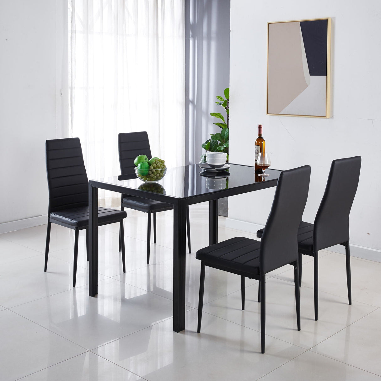 5 Pieces Dining Set, Table Metal Leg Mid-Century Dining Table For 4 - 6 People With Glass Table Top, Pedestal Dining Table, End Table Leisure Coffee Table - Black by Couch.com