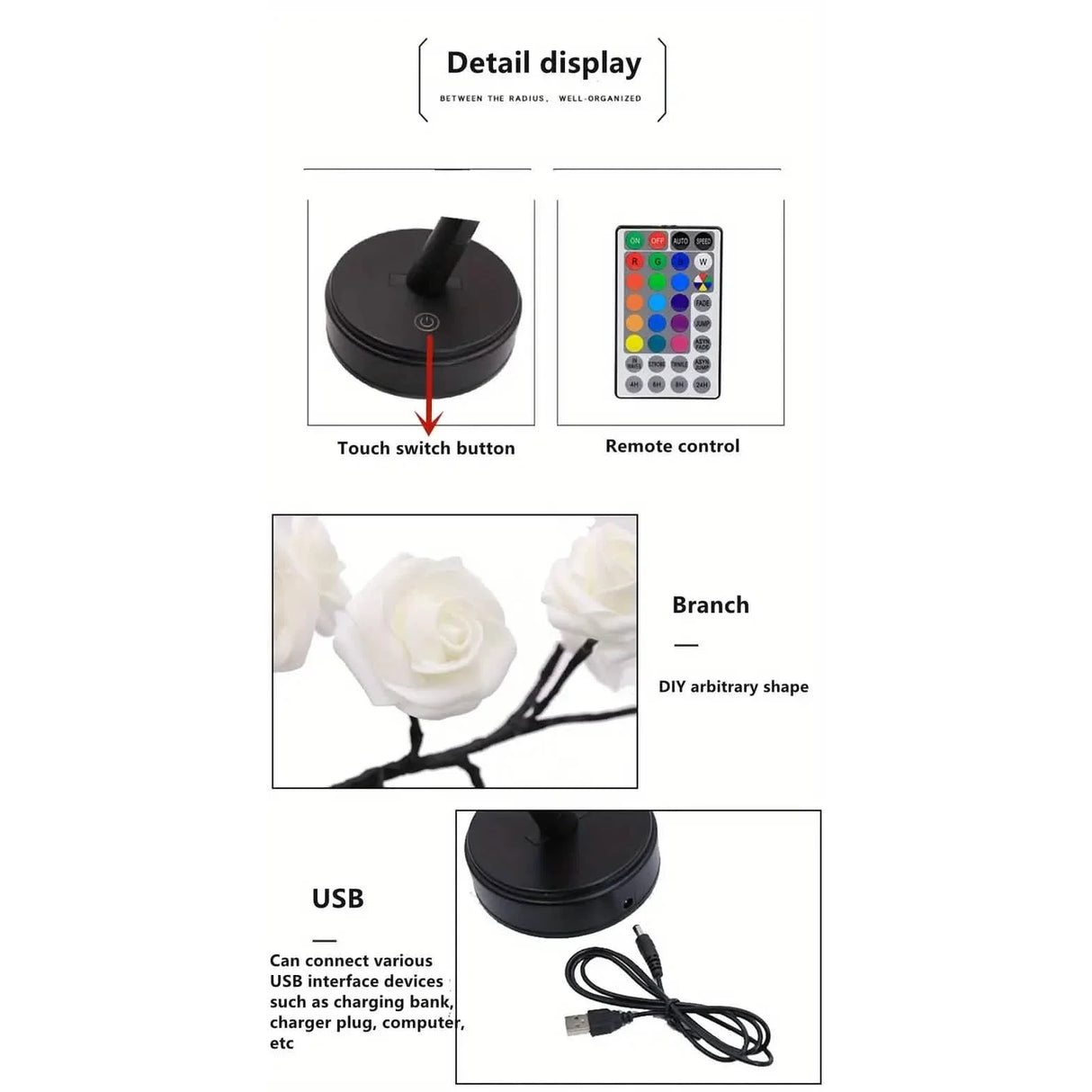 24 LED RGB 16 Colors Rose Tree Night Light Battery And USB Plug Operated Rose Flower Fairy Lights Remote Control