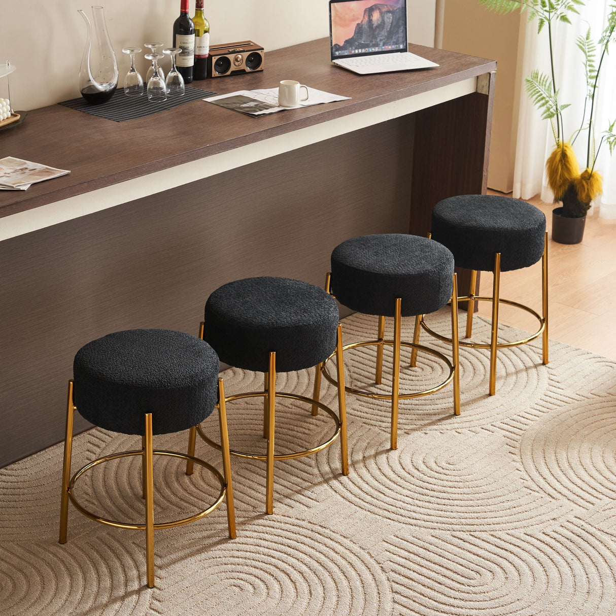 Round Bar Stools (Set of 2), Contemporary Upholstered Dining Stools For Kitchens, Coffee Shops And Bar Stores - Gold Legs by Couch.com