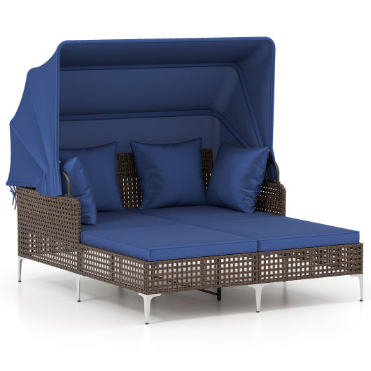 Outdoor Daybed with Retractable Canopy PE Wicker Rattan Patio Lounger-Navy