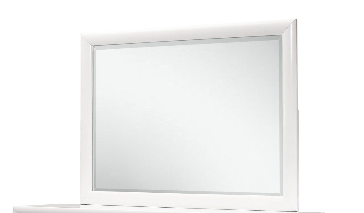 The Civic Mirror, featuring a white frame, reflects an empty white background. It's positioned on a plain white surface, offering a minimalist and clean look.