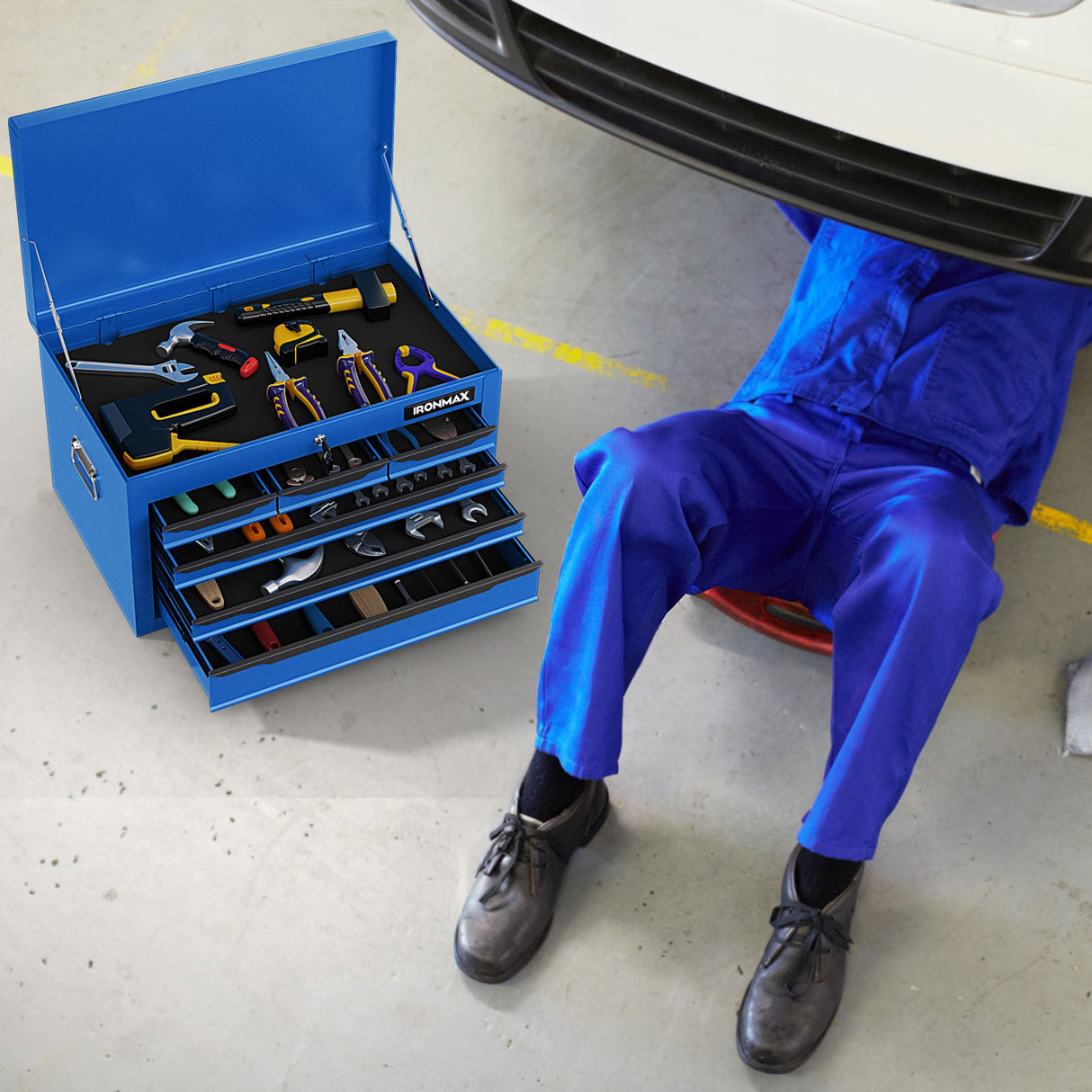 24 Inch Tool Chest Case with 6 Drawers and Top Storage for Garage Repair Shop & Warehouse-Blue