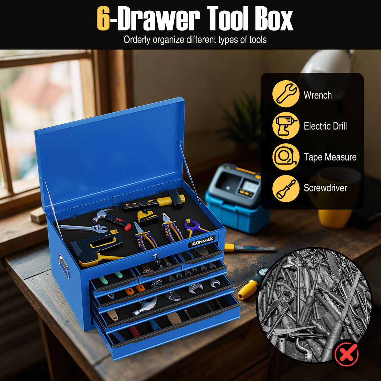 24 Inch Tool Chest Case with 6 Drawers and Top Storage for Garage Repair Shop & Warehouse-Blue