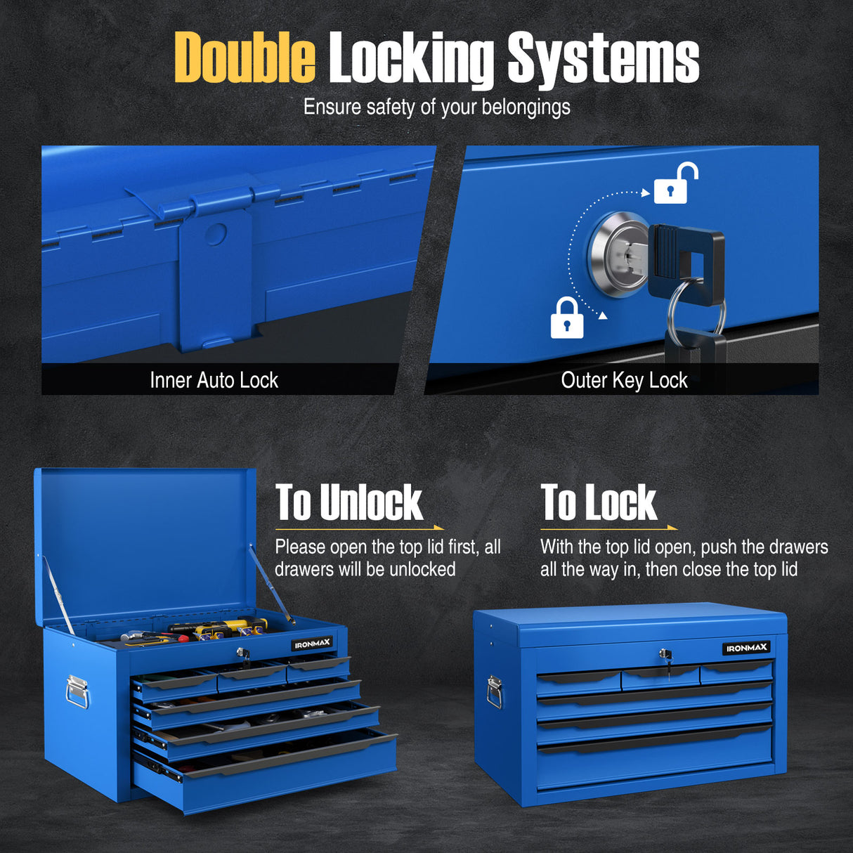 24 Inch Tool Chest Case with 6 Drawers and Top Storage for Garage Repair Shop & Warehouse-Blue