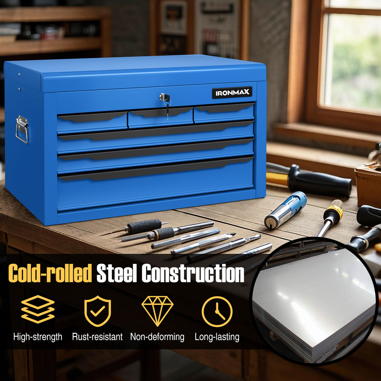 24 Inch Tool Chest Case with 6 Drawers and Top Storage for Garage Repair Shop & Warehouse-Blue