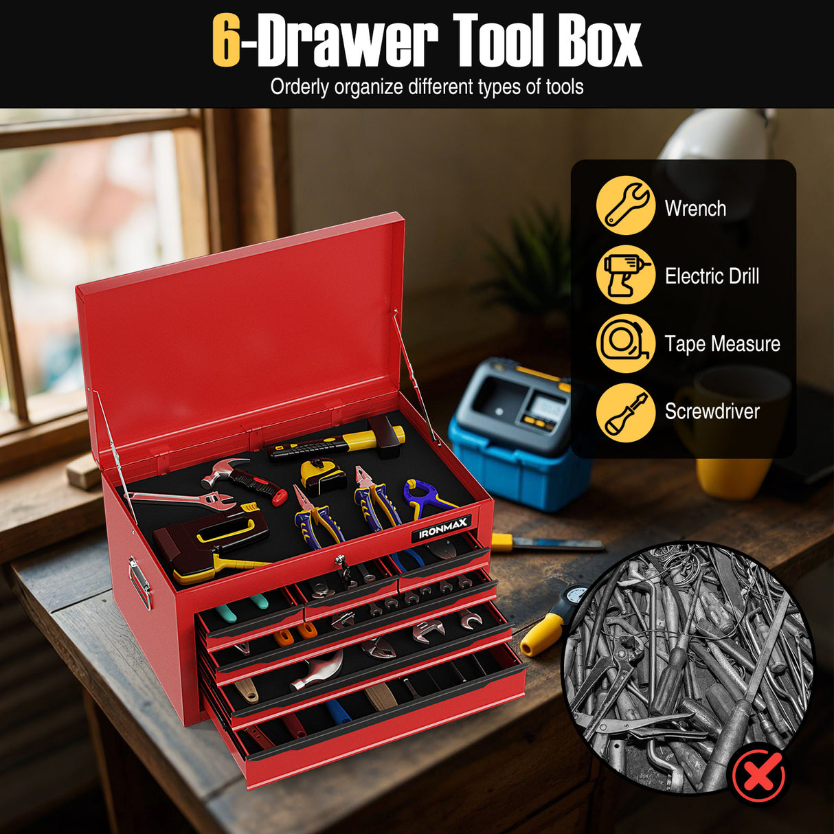 24 Inch Tool Chest Case with 6 Drawers and Top Storage for Garage Repair Shop & Warehouse-Red