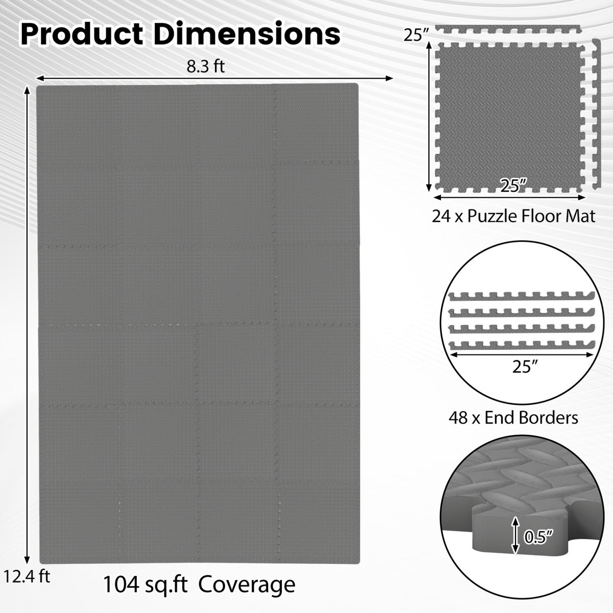 24Tiles 1/2" Puzzle Exercise Floor Mats-Gray