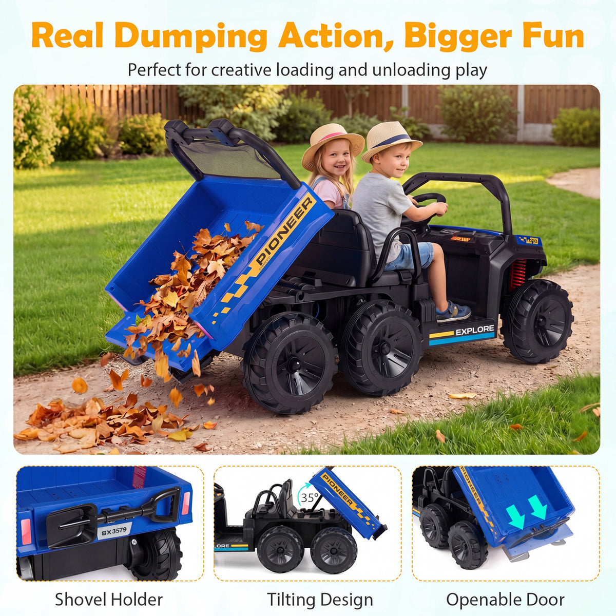 24V 2-Seater Kids Ride on Dump Truck 4WD with Electric Dump Bed and Lights-Navy