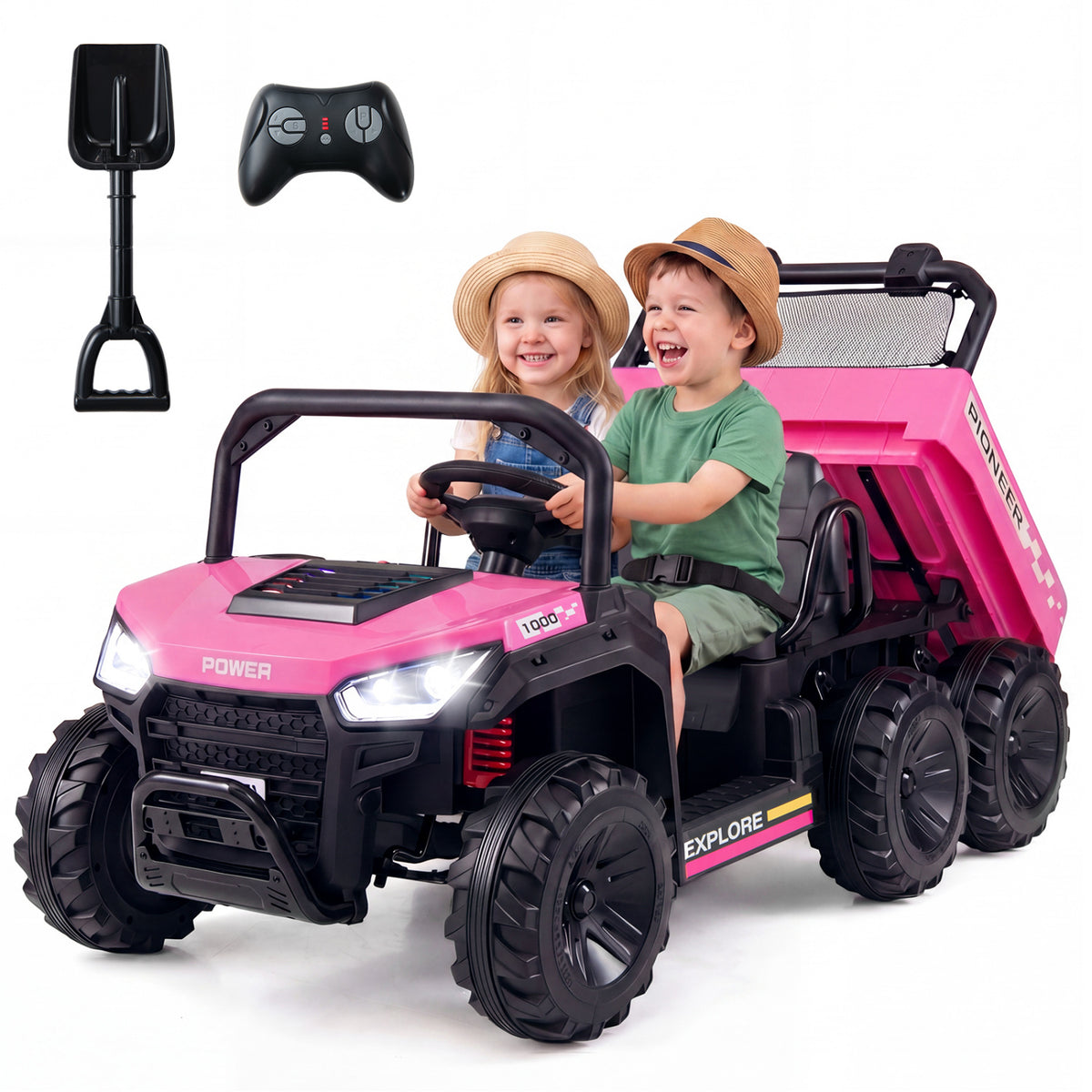 24V 2-Seater Kids Ride on Dump Truck 4WD with Electric Dump Bed and Lights-Pink