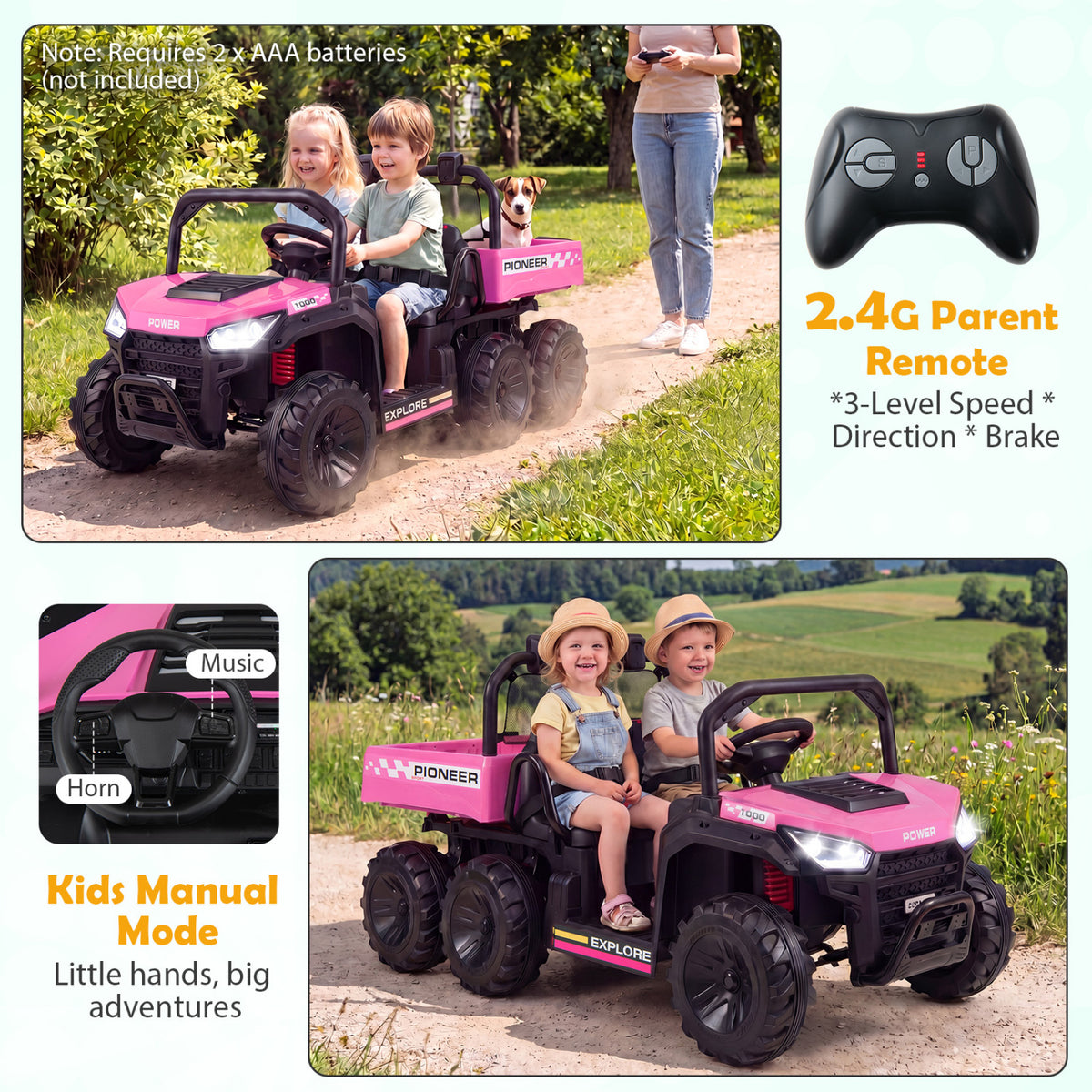 24V 2-Seater Kids Ride on Dump Truck 4WD with Electric Dump Bed and Lights-Pink