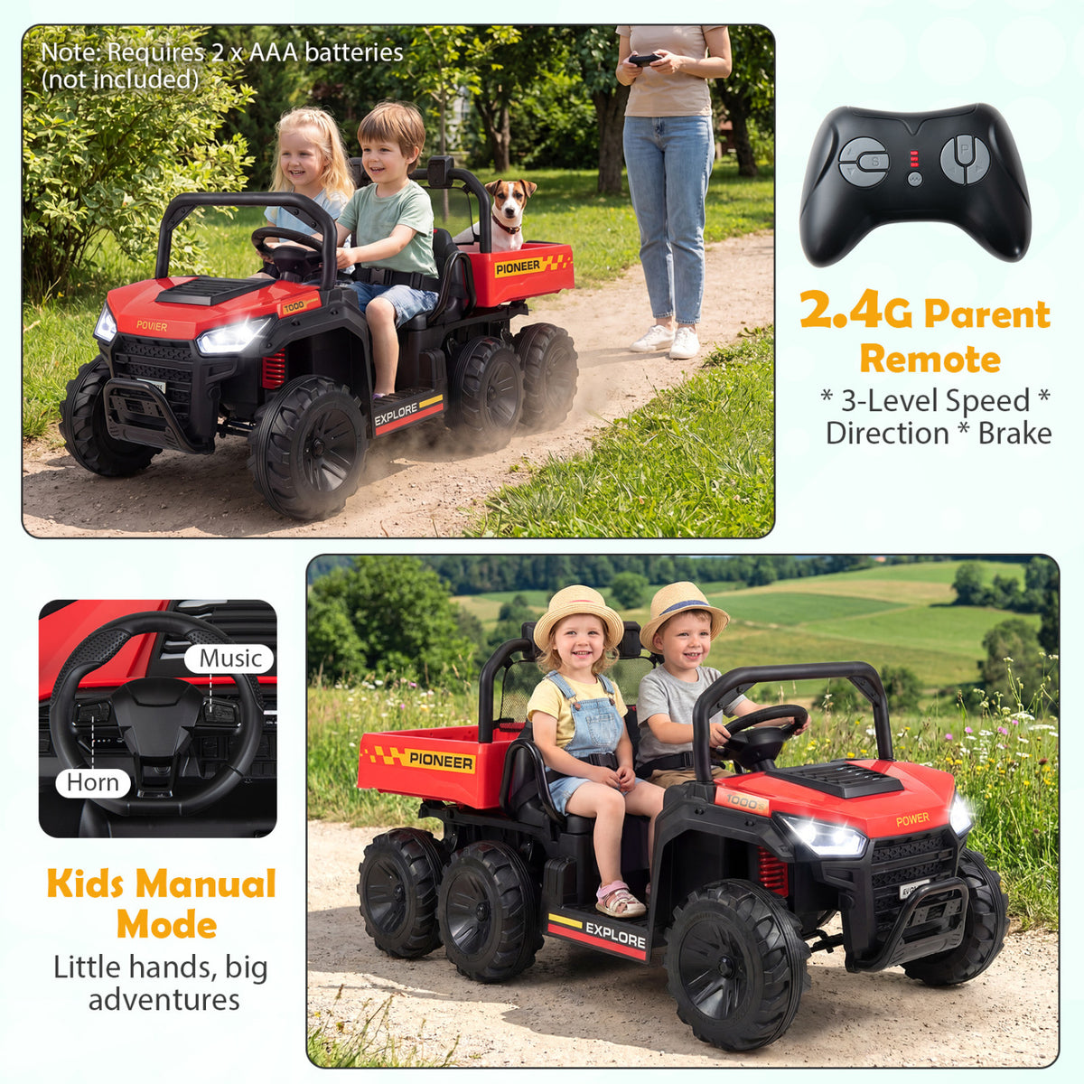 24V 2-Seater Kids Ride on Dump Truck 4WD with Electric Dump Bed and Lights-Red