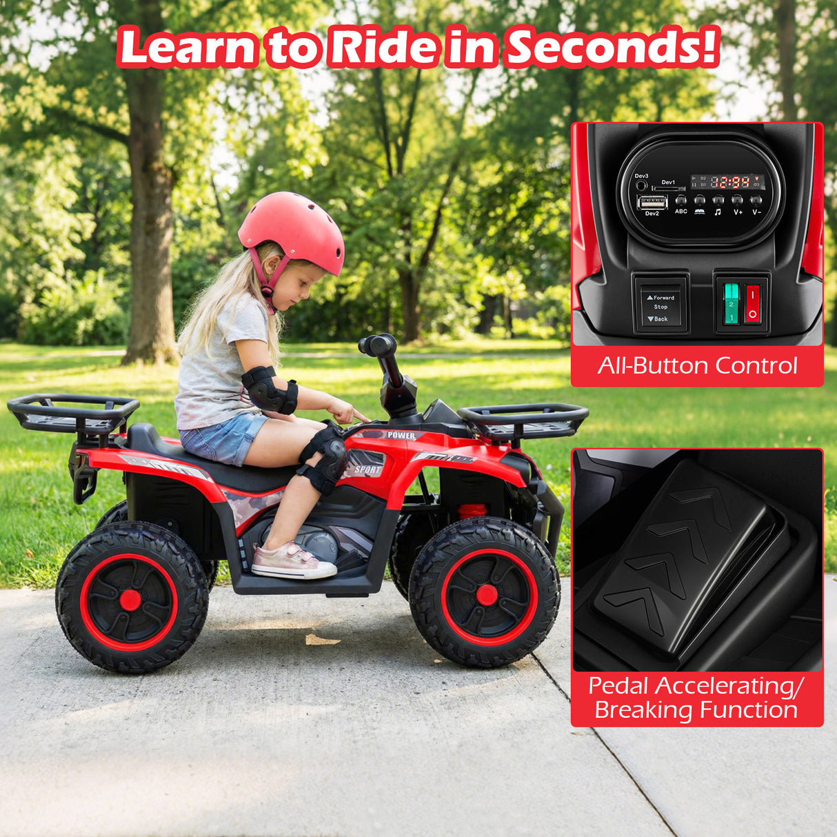 24V Electric Ride On Quad with LED Headlights-Red