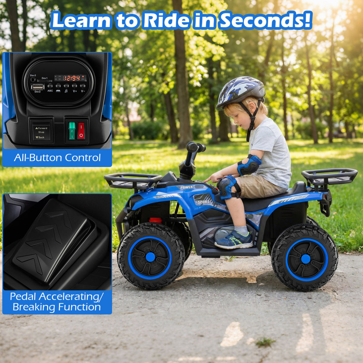 24V Electric Ride On Quad with LED Headlights-Blue