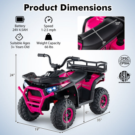 24V Kids Ride on Electric ATV Quad Car with Realistic Sounds and  LED Lights-Pink