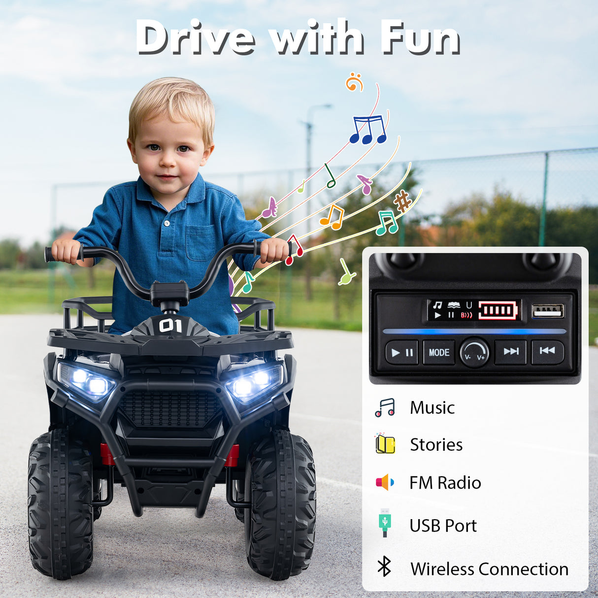 24V Kids Ride on Electric ATV Quad Car with Realistic Sounds and LED Lights-Black